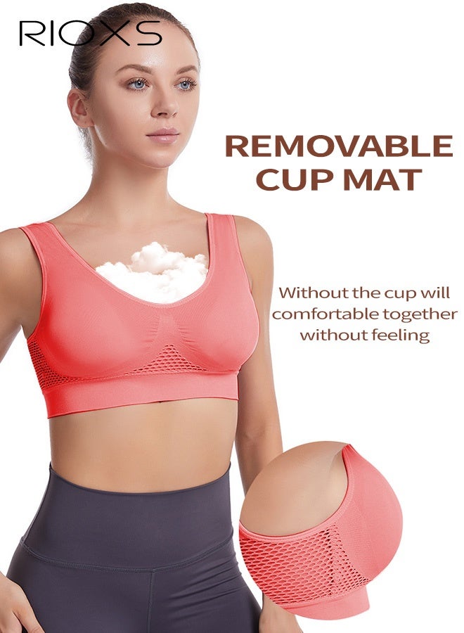 RIOXS Women's Sports Bra, Wireless Breathable Hollow Out Mesh Lingerie for Ladies, Soild Color Seamless Padded Yoga Fitness Bra, Everyday Bras Comfortable Underwear for Sport or Daily Wear, Red - Image 3